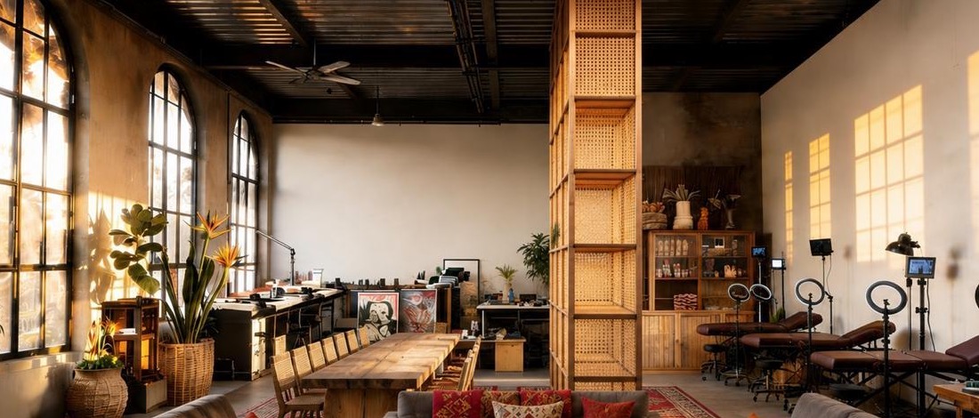 The whole room under its exposed black steel ceiling — rattan pillar, workshop table and stations in golden light