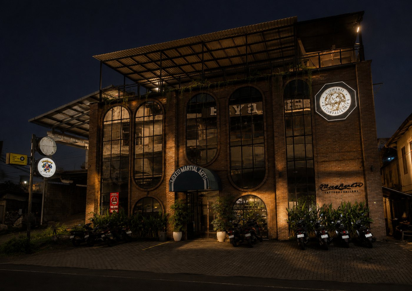 Club Bagarre building exterior at night, lit up