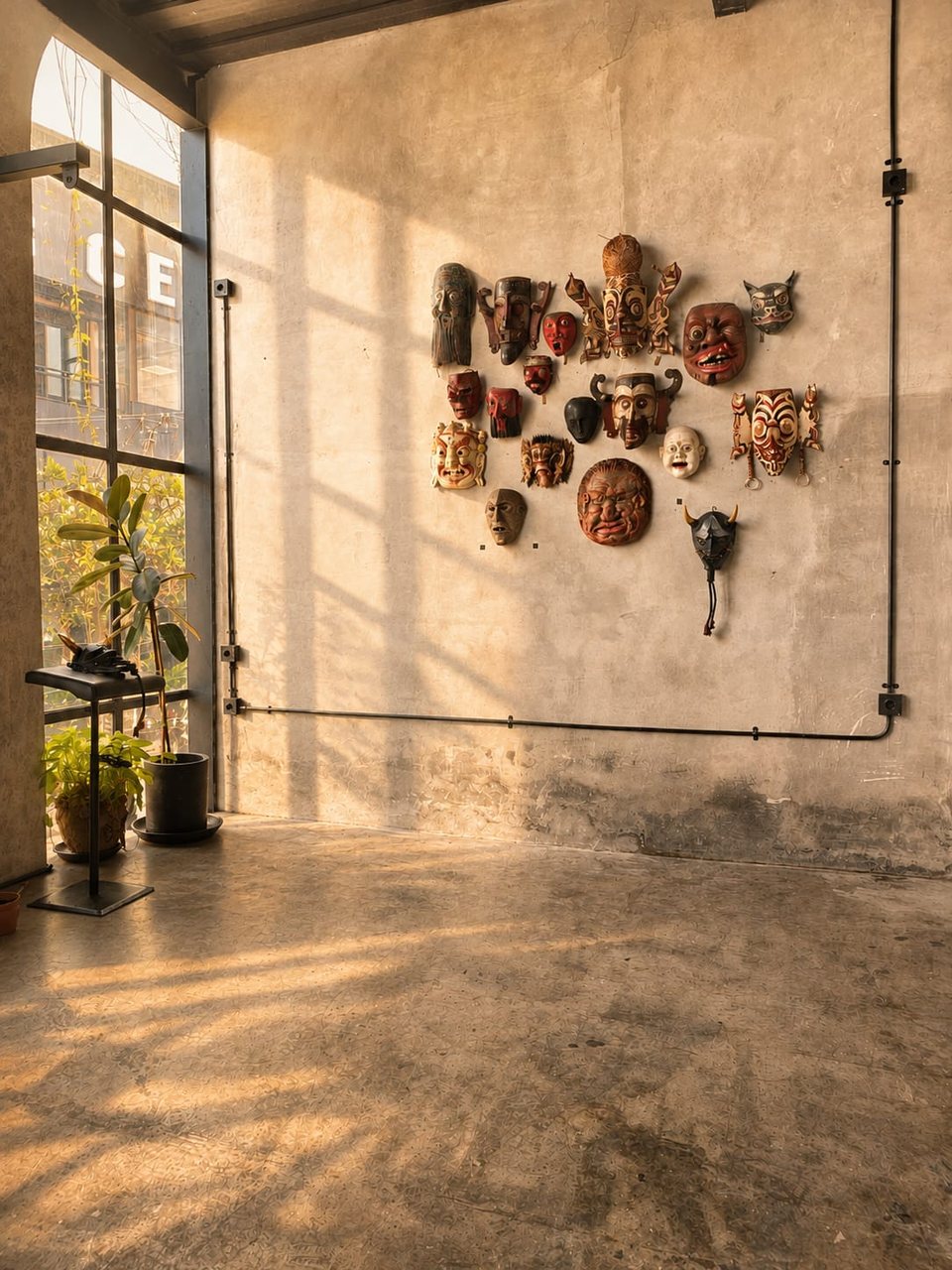 Golden-hour light across the studio's mask-covered wall at Club Bagarre