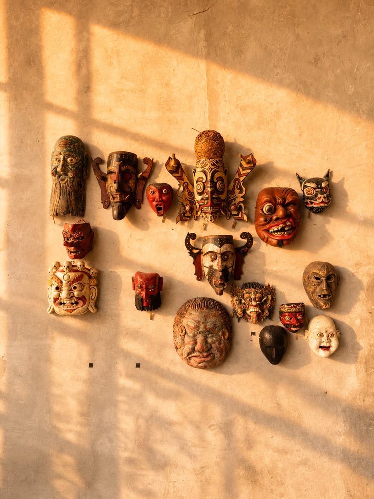 Wall of carved masks lit gold in the late-afternoon sun