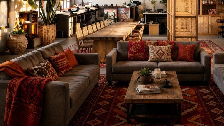 The chill-out corner — grey couches with terracotta and ochre cushions around a raw-wood coffee table on a kilim rug