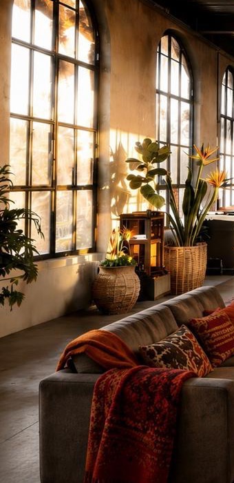 Golden-hour light through the arched windows, plants and woven baskets along the wall